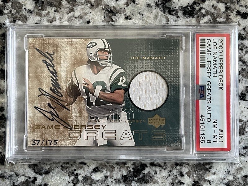 JOE NAMATH 2000 UPPER DECK GAME-JERSEY GREATS AUTO #GJG-JN1 MINT PSA 8 GAME-USED
