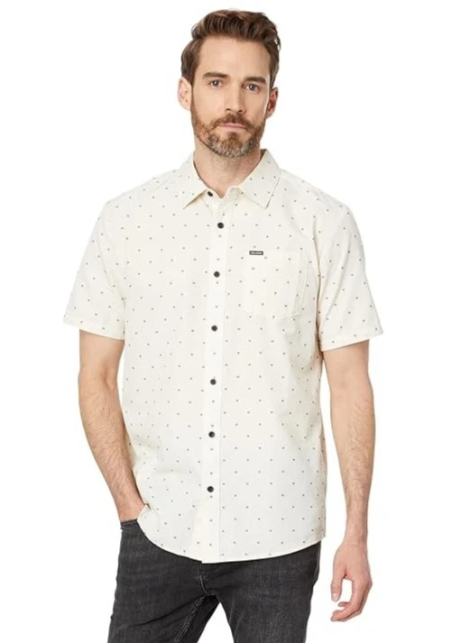 VOLCOM Stonemarcos Short Sleeve Button Down Shirt sz M Medium Beige Of White - Image 3 of 4