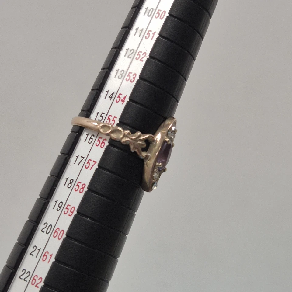 Anel Navette antigo de ouro 9 quilates com ametista e pedras Hallmarked Vintage Reino Unido Tamanho O 1/2 - Imagem 3 de 4