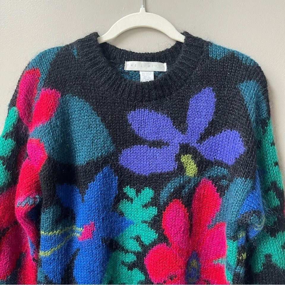 Suéter Floral Abstracto Vintage Para Mujer Talla S Pequeño Mezcla Mohair Negro Rosa Mod Foto 4 de 4