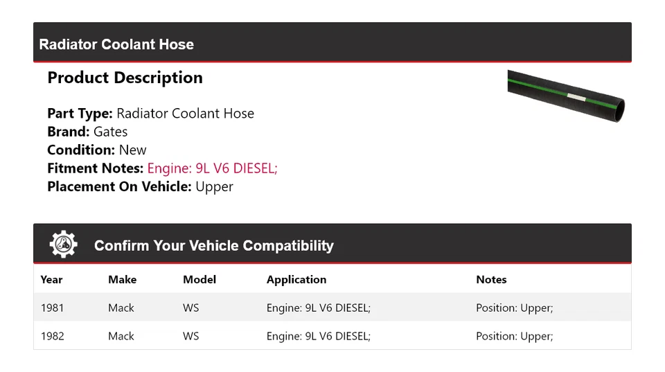Manguera de refrigerante de radiador diésel Mack WS 9L V6 1981-1982 puertas superiores Foto 2 de 4