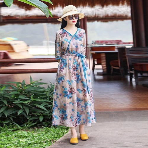 Femme Ethnique Maxi Robe Col V Imprimé Floral Coton Lin Rétro Lacets - Picture 5 of 14