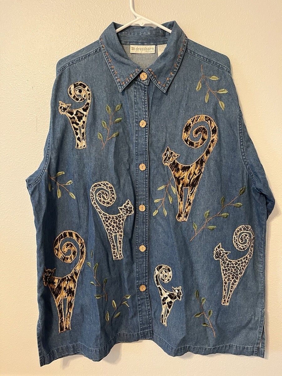 Vintage Dress Barn woman's 2X Denim colored cat embroidered Button