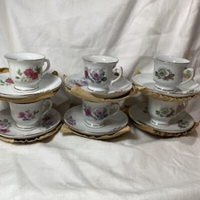 Vintage Min. White and Pink Rose Tea Cup and Saucer with Gold Accents/Basket