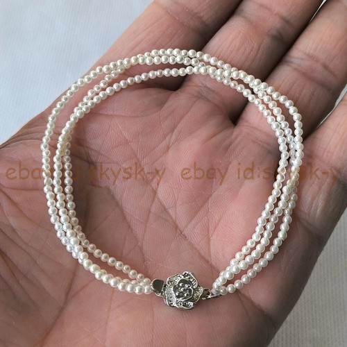 3-Row White South Sea Shell Pearl Bead Necklace - 6mm & 8mm Round Beads, 18-20 Inch
