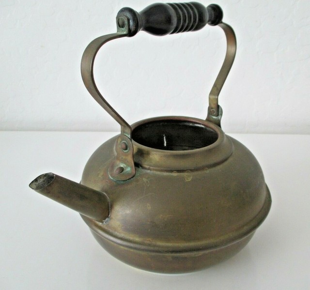 S & CO. ANTIQUE METAL BRASS/BRONZE TEAPOT w/ WOODEN HANDLE No Lid Vtg