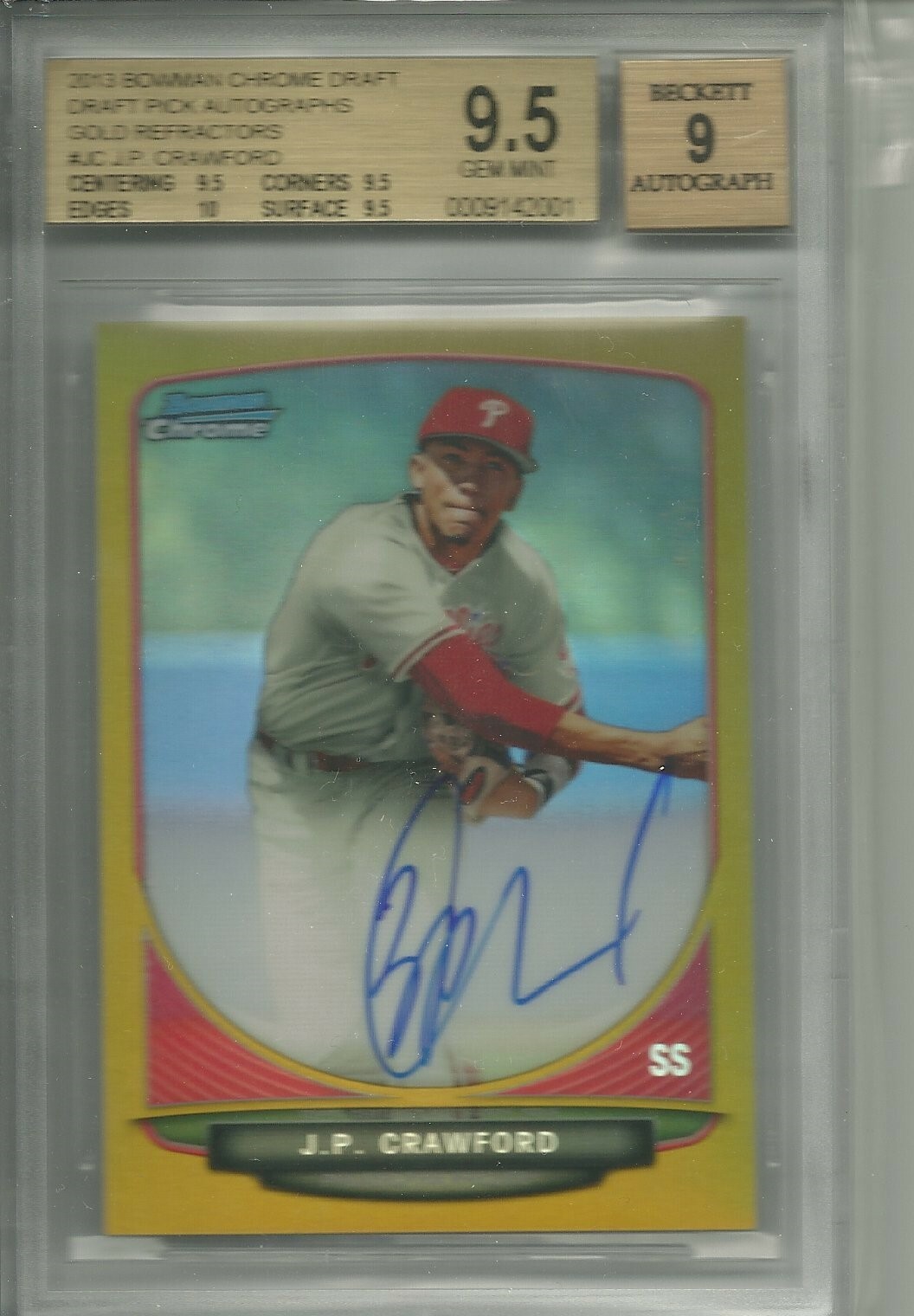 2013 BOWMAN CHROME DRAFT J.P. CRAWFORD GOLD!!! REFRACTOR /50 AUTO BGS 9.5 /50