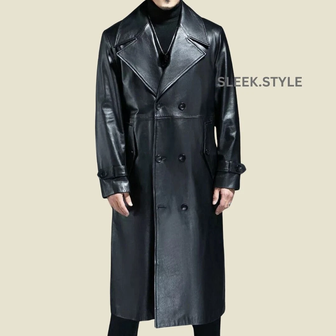 Luxurious Long Winter Style Mens Leather Trench Coat Refined Mens Fashion Wear