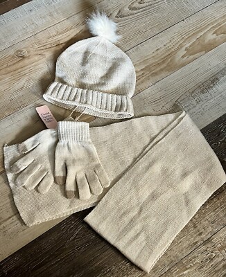 Ladies Piece Hat, Gloves, And Scarf Set Beige/Tan White