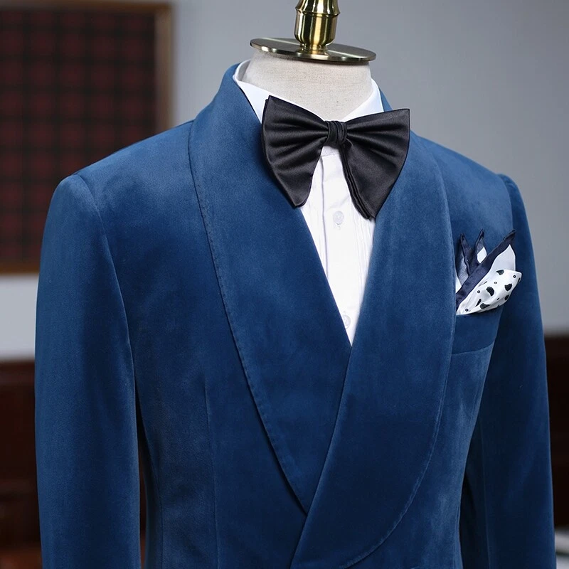 Hombres Trajes Azul Esmoquin Terciopelo Chal Cuello Chaqueta Doble Pecho Dos Botones Abrigo Foto 4 de 4