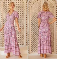 Nine Lives Bazaar Dress Size AU 8 US 4 Pink Boho Maxi Short Sleeve Long Summer