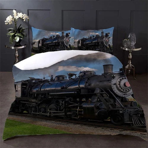 Ancient Steam Train 3D Printed Duvet Cover Set Soft Retro Style Bedroom Decor