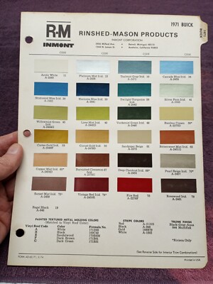 1971 BUICK PAINT CHIP SHEET R-M INMONT CHART USA AD-62/71, 2/74