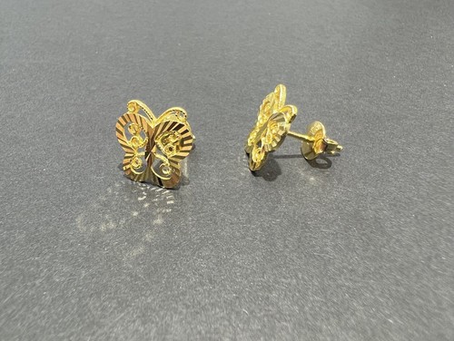 24K Solid Yellow Gold Butterfly Shape Stud Earrings - Picture 8 of 17