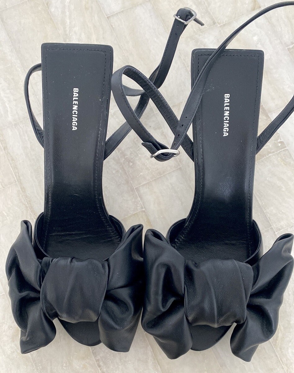 BALENCIAGA Knife Bow 40mm ミュール ブラック BALENCIAGA Knife bow-embellished crinkled-leather mules