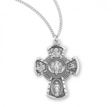 Sterling Silver 4-Way Medal 0.9 Inch x 0.7 Inch Catholic Medal Pendant Cross