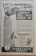 1940 newspaper ad for Marathon Gasoline - 18 step Tell Tale Check Up for cars
