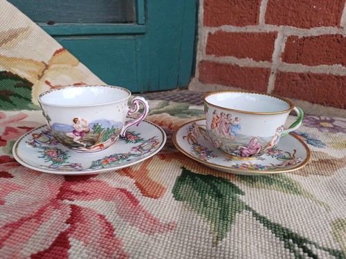 ANTIQUE N CROWN CAPODIMONTE CHERUB FLORAL GARLAND TWIST HANDLE CUP SAUCER LOT