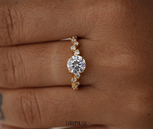 VVS1/E 14K Gold Unique Round Cut Lab Grown Diamond Half Eternity Engagement Ring - Picture 20 of 24