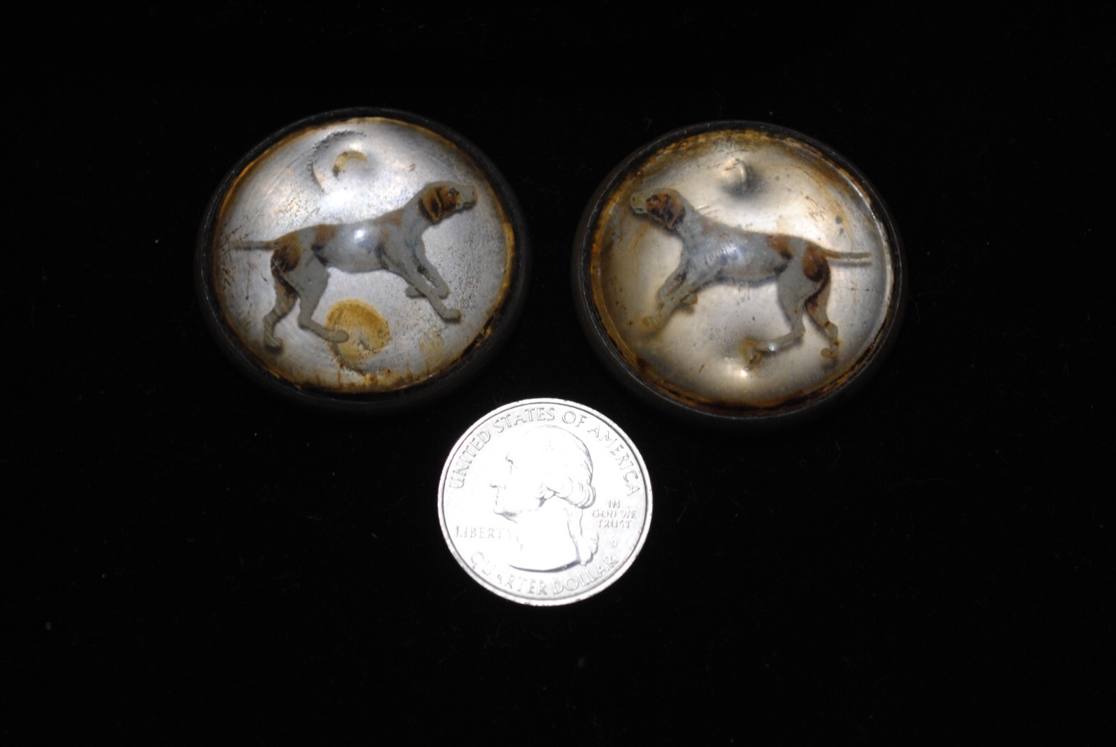 Antique Pair of Reverse Painted Hunting Dogs Glass Horse Bridle Rosettes