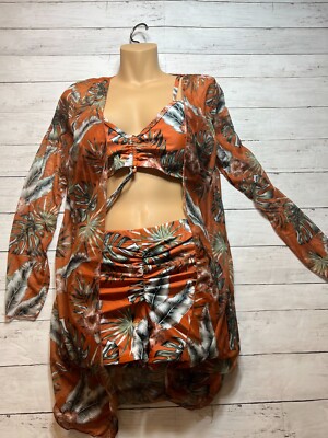 Orange Women's Piece Bikini Shorts Bathing Suit Kimono Cover Up Set  Medium