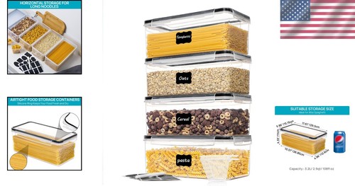 Airtight Food Storage Containers 4PCS Set 3.2L | BPA Free Pasta Canisters wit... - Picture 2 of 10