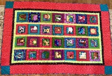 Cotton Patchwork Quilt Hand Made , Cute Animals, Red, Baby, Crib , Lap OOAK