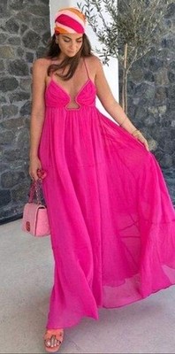Zara S Hot Pink Fushia Chiffon Flowy Maxi Dress Blogger Open Back NWT $149 Vaca