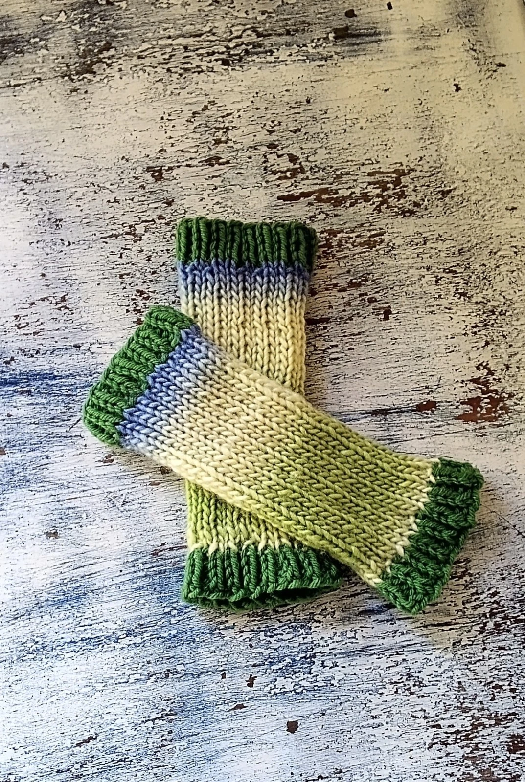 Fingerless Gloves, 100% Wool/ Nylon, Greens and Periwinkle