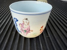 Antique Chinese Famille Rose Child & Rooster Porcelain Cup Blue And White Mark