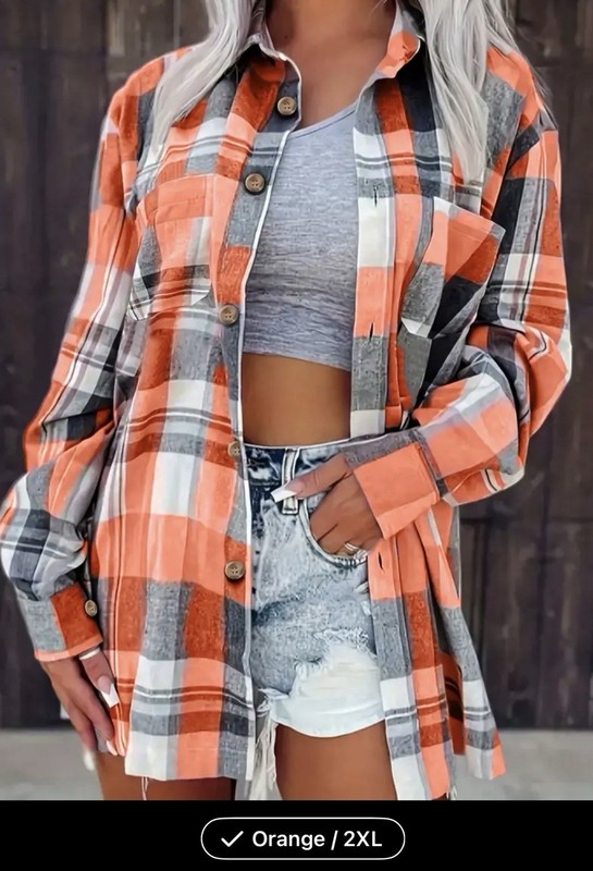 Orange Plaid Flannel Collared Button-Up Shirt Long Sleeve 2XL Gray White