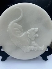 White jade Crystal Plaque Lion Carving 12" Diameter with Stand 2400 Grams