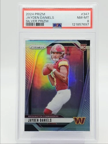 JAYDEN DANIELS 2024 PANINI PRIZM ROOKIE SILVER COMMANDERS A RC PSA 8 Q0004