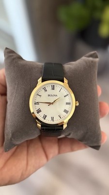 Bulova Men's Quartz Dress Watch 40mm Gold Case White Roman Dial Black  Leather | eBay