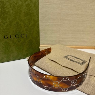 GUCCI Tortoiseshell Style Resin Headband GG Crystal Logo Hair Band Used JAPAN