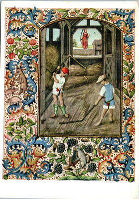 Vintage Postcard Medieval Harvest Scene Ornate Border Farm Labor Art