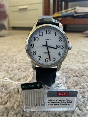 Timex Easy Reader Indiglo Quartz Date 30m White Dial Black Leather Watch