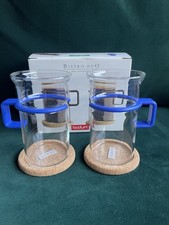 Bodum Bistro Duo Glass Coffee Set 2 Blue Handles Glasses Cork Coasters Retro B1