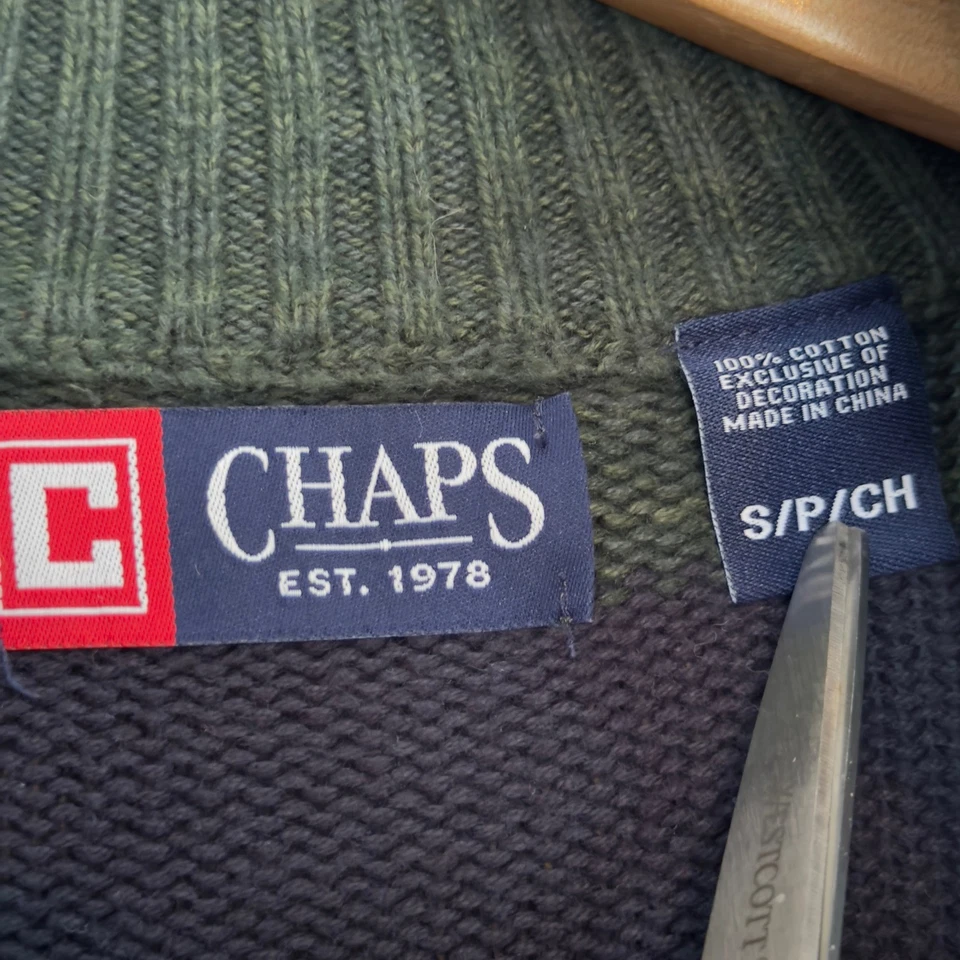 Rugby stripe 1/4 zip sweater mock neck S cotton Chaps green navy frat boy prep - Image 2 of 4