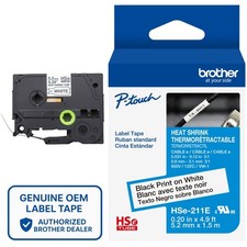 Genuine Brother HSe-211E Black on White 3:1 Heat Shrink Tube 0.20" AWG 16-24 