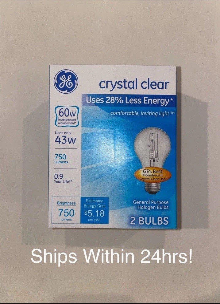 GE Crystal Clear 60W (Uses 43W) A19 Bulbs  (2 Bulbs)