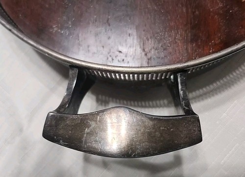 Vintage Silverplated 17" x 10.5" Tray With Handles, Feet, Wooden Inlay, Pierced - Picture 3 of 4