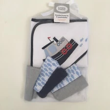 NEW Hooded Bath Towel & 5 Washcloths Cotton - Tugboat Theme Appliqué | Luvable