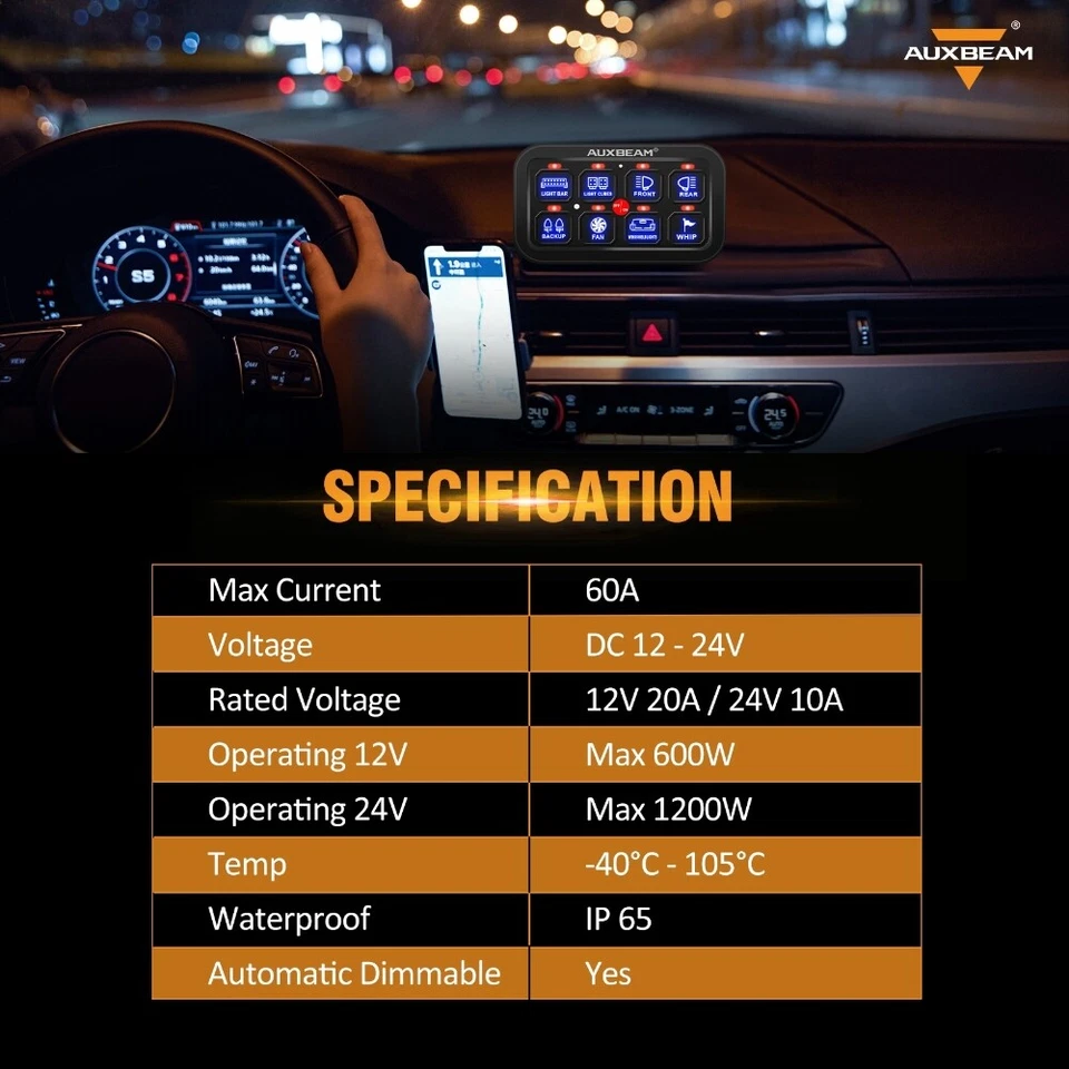 AUXBEAM 8 GANG LED SWITCH PANEL KIT AUTOMATIC DIMMABLE OFF ROAD LIGHT CONTROLLER - Image 3 of 4