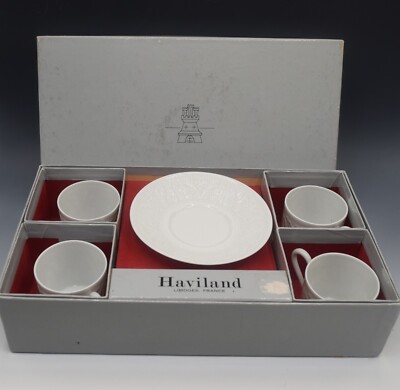 HAVILAND LIMOGES WHITE EMBOSSED SET OF 4 DEMITASSE ESPRESSO CUPS
