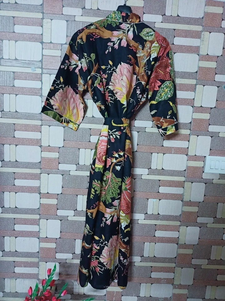 Vestido largo kimono de algodón estampado a mano para mujer ropa de dormir india Foto 2 de 4