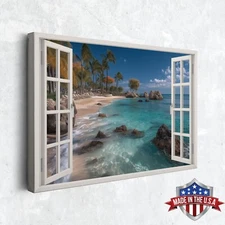 Crystal Blue Waters Through the Window Wall Art, Home Decor Canvas Print Poster