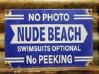 VINTAGE NUDE BEACH PORCELAIN SIGN OLD NO PHOTOS SWIMSUIT OPTIONAL OCEAN PATROL