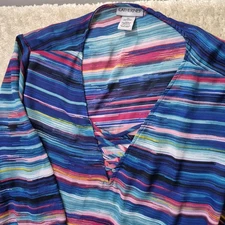 Catherines Women Top 2X Blue Stripe Angel Sleeve Boho 3/4 Sleeve V Neck Art