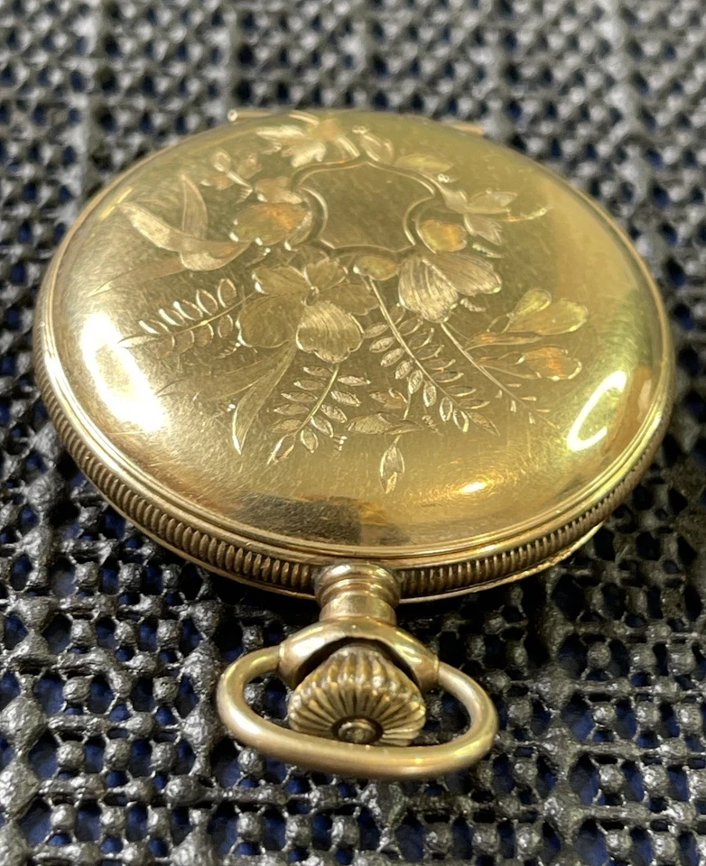 1900 Hampden 14k GF Ornate Fancy Dial Hunter 6s 11j Model 3 Pocket Watch Runs - Image 3 of 4